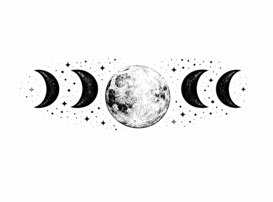 Black and white moon phases with stars, representing crescent moon wisdom, shadow, and the 2026 Blue Micromoon