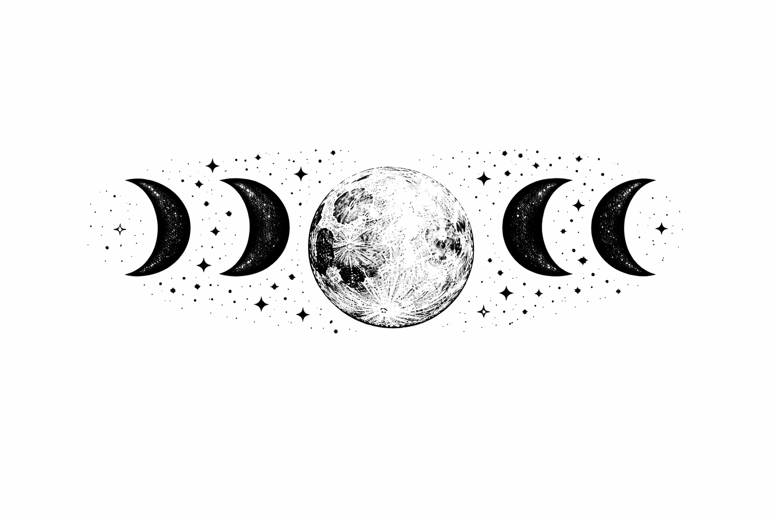 Black and white moon phases with stars, representing crescent moon wisdom, shadow, and the 2026 Blue Micromoon