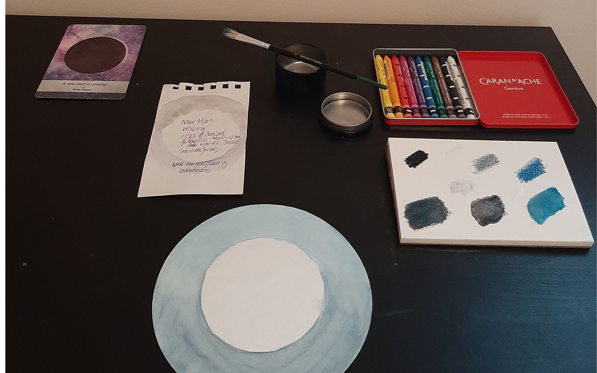 Hand-painted watercolour Moon phase altar cards arranged in a circle, reflecting lunar cycles, creative play, and seasonal growth.