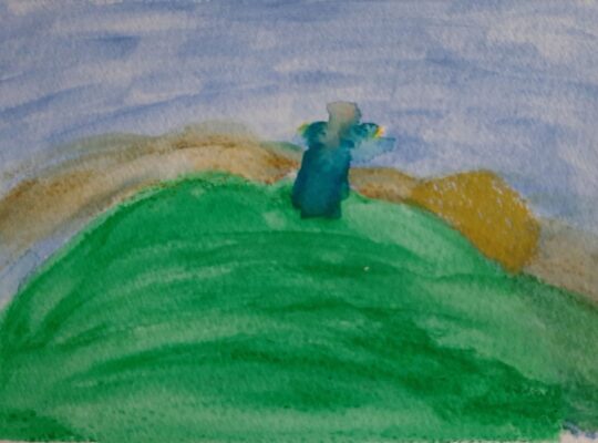 Watercolour of a woman in a blue dress dancing on a hill as the sun sets