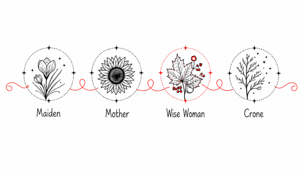 Four circular illustrations labelled Maiden, Mother, Wise Woman, and Crone connected by a red thread, representing the stages of the Divine Feminine spiral