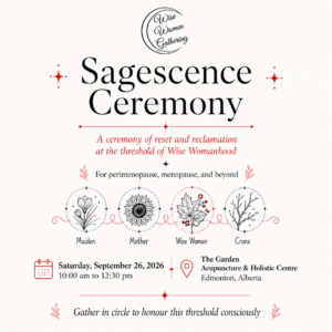 Four circular illustrations labelled Maiden, Mother, Wise Woman, and Crone connected by a red thread, representing the stages of the Divine Feminine spiral